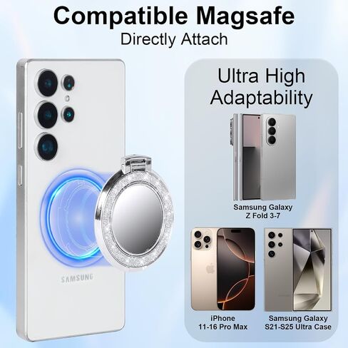 Finger Ring Stand Grip,Luxury Glitter Diamond Universal Metal Ring Kickstand with Mirror for iPhone 17/16/15/14/13 Pro Max, Galaxy S25/S24/S23/S22 Ultra,Ring Grip Holder for All Smartphone(Silver) in Saudi Arabia