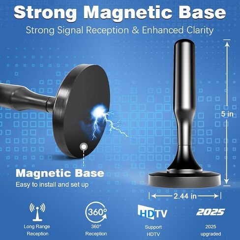 TV Antenna for Smart TV Indoor, Digital Indoor HD Antennas with Strong Magnetic Base, Long Range Reception for Local Channels 4K 1080P, 10ft Long Cables, Black in Saudi Arabia