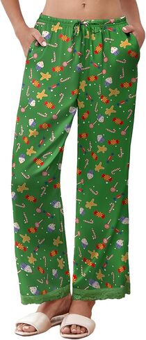 Ekouaer Womens Silk Satin Pajama Pants صالة نوم سروال نوم جيب الخصر المرن عريض الساق PJ مع تقليم الدانتيل in Saudi Arabia