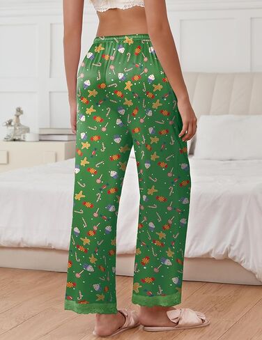 Ekouaer Womens Silk Satin Pajama Pants صالة نوم سروال نوم جيب الخصر المرن عريض الساق PJ مع تقليم الدانتيل in Saudi Arabia