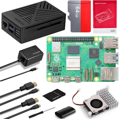 Raspberry Pi 5 16GB Starter Kit لوحة Raspberry Pi 5 16GB / بطاقة ذاكرة 64GB / GaN 27W 5.1V5A USB-C مزود الطاقة / حافظة واقية ABS / مبرد نشط / كابل MicroHDOUT / برنامج التشغيل / قارئ البطاقات / دليل in Saudi Arabia