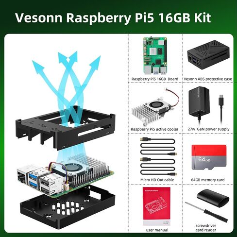 Raspberry Pi 5 16GB Starter Kit لوحة Raspberry Pi 5 16GB / بطاقة ذاكرة 64GB / GaN 27W 5.1V5A USB-C مزود الطاقة / حافظة واقية ABS / مبرد نشط / كابل MicroHDOUT / برنامج التشغيل / قارئ البطاقات / دليل in Saudi Arabia