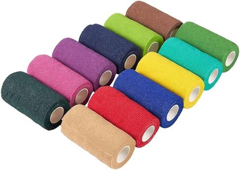 لفافة ذاتية اللصق - عبوة من 12 قطعة من شريط الطبيب البيطري الطبي المتماسك للاسعافات الاولية والرياضة والمعصم والكاحل في 12 لون مع لفة واحدة لكل منها، 4 انش × 5 ياردة in Kuwait