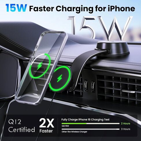 ترقية [معتمد من Qi2] بقدرة 15 وات لحامل شاحن السيارة اللاسلكي MagSafe، شحن سريع 2X [شفط آمن 90+LBS] حامل هاتف مغناطيسي على لوحة القيادة لهاتف iPhone 17/16/15/14/13/12 Pro Max (حديد) in Kuwait