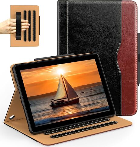 حافظة Grifobes [فقط لإصدار 2022/2020 من الجيل الثاني عشر/العاشر] Kindle Fire HD 8/8 Plus، غطاء فوليو من جلد البولي يوريثان الفاخر مع غطاء ذكي للإيقاظ/النوم التلقائي مع حامل يد/قلم مدمج، أسود + بني in Kuwait
