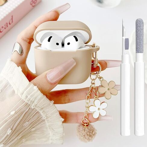 Cute Case for Airpods 2nd/1st Generation Case, Soft Silicone Women iPod 2/1 Gen Protective Cover with Pom Pom Flower Keychain&Cleaner Kit, Milk Tea in Saudi Arabia