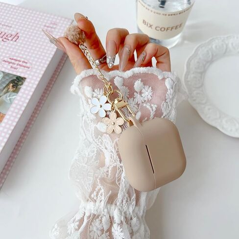 Cute Case for Airpods 2nd/1st Generation Case, Soft Silicone Women iPod 2/1 Gen Protective Cover with Pom Pom Flower Keychain&Cleaner Kit, Milk Tea in Saudi Arabia