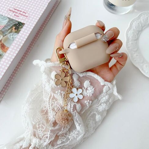 Cute Case for Airpods 2nd/1st Generation Case, Soft Silicone Women iPod 2/1 Gen Protective Cover with Pom Pom Flower Keychain&Cleaner Kit, Milk Tea in Saudi Arabia