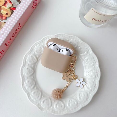 Cute Case for Airpods 2nd/1st Generation Case, Soft Silicone Women iPod 2/1 Gen Protective Cover with Pom Pom Flower Keychain&Cleaner Kit, Milk Tea in Saudi Arabia