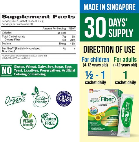 LABO Nutrition الألياف العضوية النشطة بيولوجيًا، مكملات ألياف البريبايوتك القابلة للذوبان في الشمس، تدعم الجهاز الهضمي الصحي والأمعاء والعافية مع صمغ الغوار المتحلل جزئيًا، منخفض الفودماب، غير معدل وراثيًا، 30 كيسًا in Kuwait