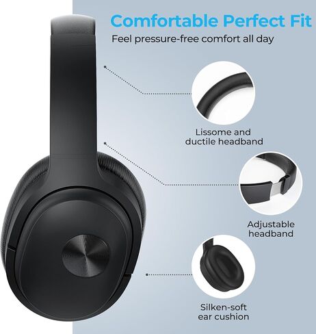 سماعات رأس Silensys Hybrid النشطة المانعة للضوضاء، سماعات رأس بلوتوث لاسلكية فوق الأذن، صوت هاي فاي، باس عميق، وسادات أذن من إسفنج الذاكرة، وقت تشغيل 30 ساعة، مكالمات واضحة، السفر، المكتب، المنزل، أسود in Kuwait