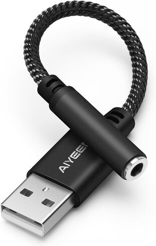 كابل محول صوت أنثى USB إلى 3.5 مم، محول ستيريو USB ذكر إلى Aux Jack بطول 15 سم من النايلون المضفر مع شريحة عالية الدقة، التوصيل والتشغيل، لسماعات الرأس ومكبرات الصوت ومدخل AUX للسيارة (أسود) in Saudi Arabia