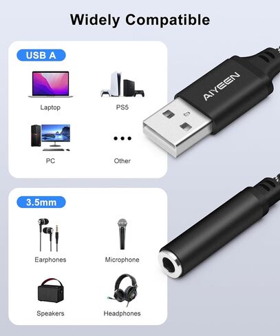 كابل محول صوت أنثى USB إلى 3.5 مم، محول ستيريو USB ذكر إلى Aux Jack بطول 15 سم من النايلون المضفر مع شريحة عالية الدقة، التوصيل والتشغيل، لسماعات الرأس ومكبرات الصوت ومدخل AUX للسيارة (أسود) in Saudi Arabia