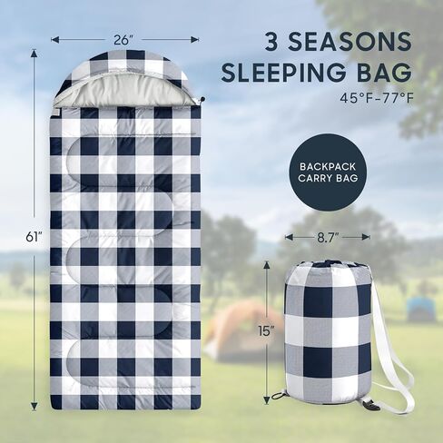 Wake In Cloud - Kids Sleeping Bag for Boys Girls Toddlers, Camping in Warm Cold Weather, Backpacking Lightweight Compact Outdoor Liner for 3 Seasons, Gingham Plaid in Saudi Arabia