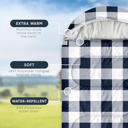 Wake In Cloud - Kids Sleeping Bag for Boys Girls Toddlers, Camping in Warm Cold Weather, Backpacking Lightweight Compact Outdoor Liner for 3 Seasons, Gingham Plaid in Saudi Arabia