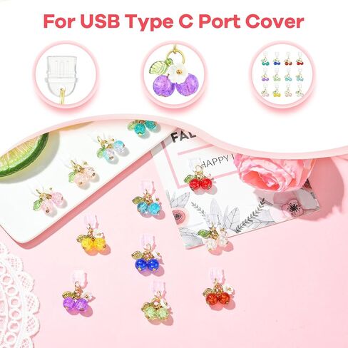 Dust Plug Charm Type C USB C Dust Plug with Flower Cherry Pendant Unique Charging Port Protector for Most Type C Phones Laptops E-Reader Accessories（Red in Saudi Arabia