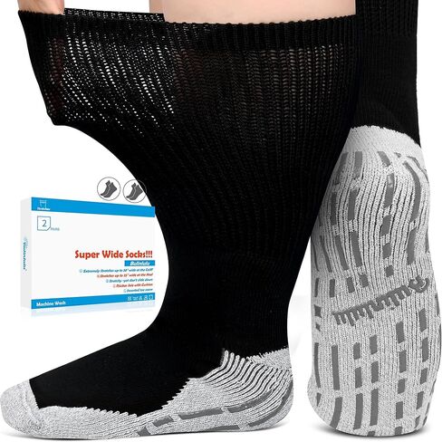 Bulinlulu Extra Width Socks for Swollen Feet-2 Pairs Super Wide Diabetic Edema Sock, Bariatric Socks, Non Slip Cast Sock, Hospital Socks with Grips for Men,Extra Width Lymphedema Socks-2 Black in Kuwait