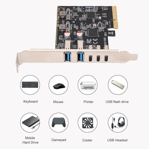 بطاقة PCIE USB 3.0 بخمسة منافذ، بطاقة توسيع من النوع C بسرعة 10 جيجابت في الثانية لأجهزة الكمبيوتر المكتبية، شريحة ASM2142، بدون طاقة خارجية، PCIe x4 متوافق مع، in Kuwait