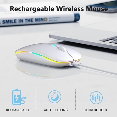 ماوس لاسلكي قابل لإعادة الشحن، ماوس LED بلوتوث لاسلكي لأجهزة iPad، ماوس كمبيوتر محمول نحيف مع مستقبل USB، اتصال مزدوج BT5.4 و2.4G، صامت هادئ لأجهزة الكمبيوتر المحمول/الكمبيوتر المحمول/الكمبيوتر الشخصي/iPad/Chromebook in Kuwait