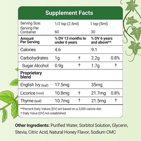 هيربيون ناتشورالز شراب السعال من ايفي ليف مع الزعتر وعرق السوس، 5 اونصة سائلة - يهدئ الحلق ويخفف من الانزعاج التنفسي - للبالغين والاطفال من سن 13 شهر فما فوق، خالي من الكحول والسكر مع ستيفيا in Kuwait