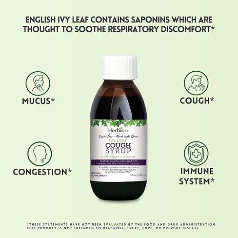 هيربيون ناتشورالز شراب السعال من ايفي ليف مع الزعتر وعرق السوس، 5 اونصة سائلة - يهدئ الحلق ويخفف من الانزعاج التنفسي - للبالغين والاطفال من سن 13 شهر فما فوق، خالي من الكحول والسكر مع ستيفيا in Kuwait
