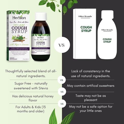 هيربيون ناتشورالز شراب السعال من ايفي ليف مع الزعتر وعرق السوس، 5 اونصة سائلة - يهدئ الحلق ويخفف من الانزعاج التنفسي - للبالغين والاطفال من سن 13 شهر فما فوق، خالي من الكحول والسكر مع ستيفيا in Kuwait