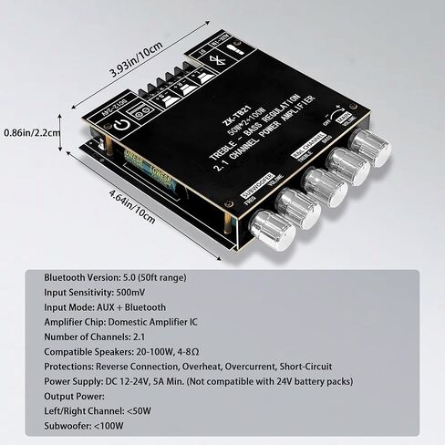 لوحة بلوتوث أمبير، ZK-TB21 2.1 قناة 50 وات + 50 وات + 100 وات مضخم طاقة، بلوتوث صغير 5.0 أمبير مع مضخم صوت، تحكم في صوت الجهير، مدخل AUX، تيار مستمر 12 فولت - 24 فولت، شريحة TPA3116D2 لمجموعة سماعات DIY in Kuwait