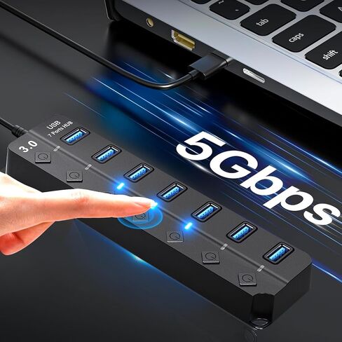 USB Hub 7 Port,USB 3.0 Hub Splitter with Individual On/Off LED Switches and Lights,USB Hub Compatible with MacBook,5Gbps HighSpeed Data for Laptop,Mac,PC,Desktop,PS5,Xbox and Flash Drive, Mobile HDD in Saudi Arabia