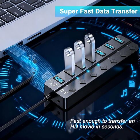 USB Hub 7 Port,USB 3.0 Hub Splitter with Individual On/Off LED Switches and Lights,USB Hub Compatible with MacBook,5Gbps HighSpeed Data for Laptop,Mac,PC,Desktop,PS5,Xbox and Flash Drive, Mobile HDD in Saudi Arabia