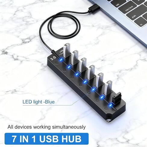 USB Hub 7 Port,USB 3.0 Hub Splitter with Individual On/Off LED Switches and Lights,USB Hub Compatible with MacBook,5Gbps HighSpeed Data for Laptop,Mac,PC,Desktop,PS5,Xbox and Flash Drive, Mobile HDD in Saudi Arabia