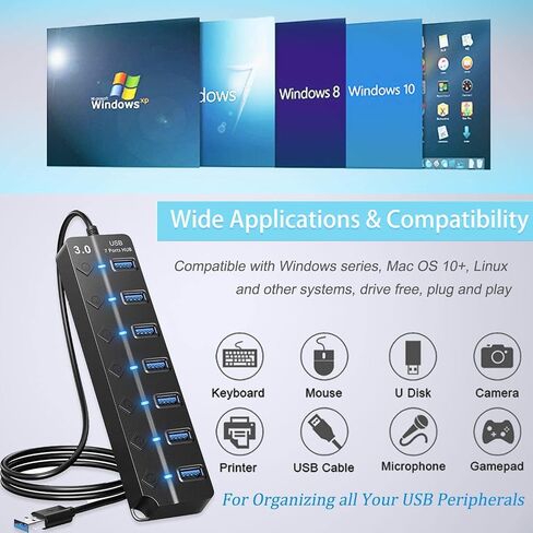 USB Hub 7 Port,USB 3.0 Hub Splitter with Individual On/Off LED Switches and Lights,USB Hub Compatible with MacBook,5Gbps HighSpeed Data for Laptop,Mac,PC,Desktop,PS5,Xbox and Flash Drive, Mobile HDD in Saudi Arabia