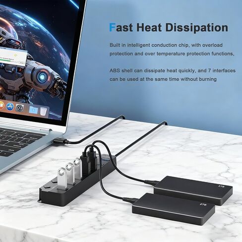 USB Hub 7 Port,USB 3.0 Hub Splitter with Individual On/Off LED Switches and Lights,USB Hub Compatible with MacBook,5Gbps HighSpeed Data for Laptop,Mac,PC,Desktop,PS5,Xbox and Flash Drive, Mobile HDD in Saudi Arabia
