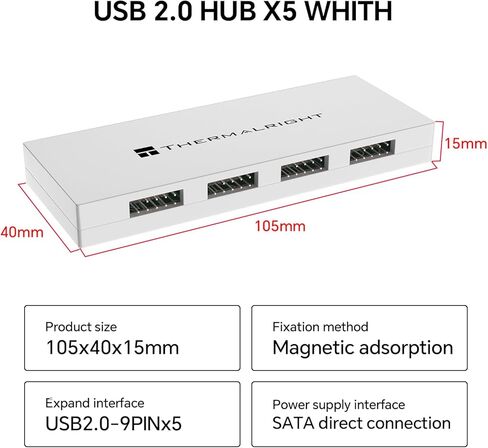 Internal USB 2.0 Hub X5 - Expands to 5 9-pin USB 2.0 Ports, SATA Power Connection, Magnetic Mount, Suitable for PC motherboards (White) in Kuwait