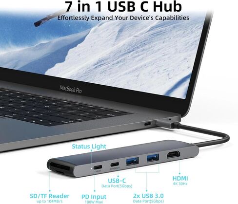 7-in-1 USB-C Hub with 4K HDMI - 100W PD Charging, 5Gbps USB 3.0, SD/TF Card Reader for MacBook Pro/Air, iPad, Surface Laptop (Blue) in Saudi Arabia