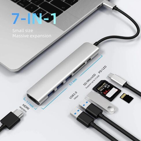7-in-1 USB C Hub with 100W PD, 4K HDMI, SD/TF Reader, USB 3.0, Multiport Adapter Type C Dock, for MacBook, Laptop in Saudi Arabia