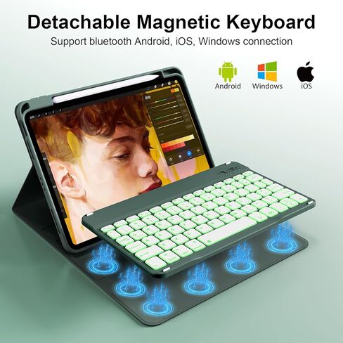 حافظة لجهاز iPad (A16) الجيل الحادي عشر/العاشر مع لوحة مفاتيح، iPad (2025/2022) مقاس 11 بوصة/10.9 بوصة، لوحة مفاتيح بلوتوث لاسلكية قابلة للفصل، غطاء قابل للطي مع حامل قلم رصاص، أبيض كريمي in Kuwait