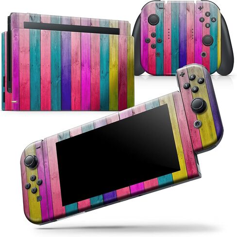 Design Skinz - Compatible with Nintendo Switch OLED Console Bundle - Skin Decal Protective Scratch-Resistant Removable Vinyl Wrap Cover - Vibrant Neon Colored Wood Strips in Saudi Arabia