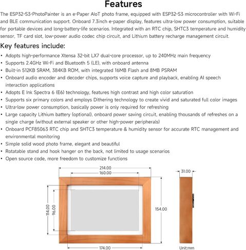 شاشة Waveshare ESP32-S3-PhotoPainter مقاس 7.3 بوصات E6 كاملة الألوان للورق الإلكتروني مع إطار صور من الخشب الصلب، واستعداد طويل للغاية، ودقة 800 × 480، بدون BAT in Kuwait
