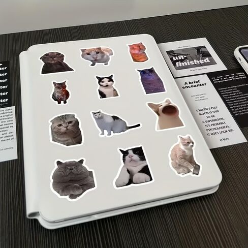 100pcs Cute & Funny Cat Meme Stickers - Reusable, Self-Adhesive, Glittery Animal Print for Notebooks, Laptops, Cars, Notebook Accessories | Playful Cat Design | Durable Stickers in Saudi Arabia