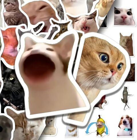 100pcs Cute & Funny Cat Meme Stickers - Reusable, Self-Adhesive, Glittery Animal Print for Notebooks, Laptops, Cars, Notebook Accessories | Playful Cat Design | Durable Stickers in Saudi Arabia
