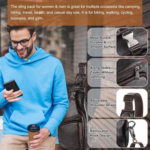 Genuine Leather Small Sling Bag - 6.69"x12.6" (LXH) Good for Men and Women Hiking Travel - Multipurpose Casual Small Packs Crossbody Chest Bag Backpack Coffee in Saudi Arabia