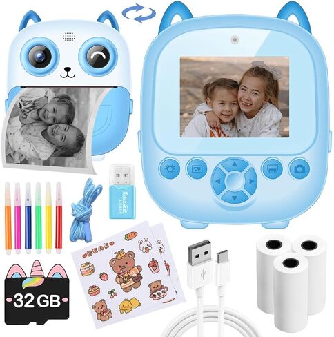 كاميرا رقمية للأطفال، 1080 بكسل 2.4 بوصة كاميرا طباعة فورية للأطفال مع ورق طباعة، بطاقة SD، أقلام ملونة، هدايا عيد الميلاد للأولاد والبنات بعمر 3-12 عامًا، أزرق in Kuwait