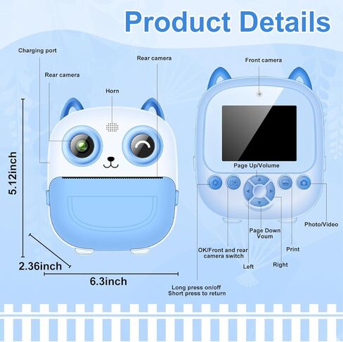 كاميرا رقمية للأطفال، 1080 بكسل 2.4 بوصة كاميرا طباعة فورية للأطفال مع ورق طباعة، بطاقة SD، أقلام ملونة، هدايا عيد الميلاد للأولاد والبنات بعمر 3-12 عامًا، أزرق in Kuwait