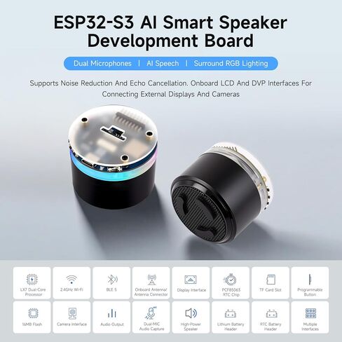 لوحة تطوير السماعات الذكية Waveshare ESP32-S3 AI، ميكروفونات مزدوجة، تقليل الضوضاء، إضاءة RGB، شاشة خارجية ودعم الكاميرا in Kuwait