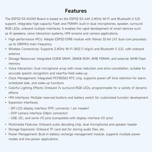 لوحة تطوير السماعات الذكية Waveshare ESP32-S3 AI، ميكروفونات مزدوجة، تقليل الضوضاء، إضاءة RGB، شاشة خارجية ودعم الكاميرا in Kuwait
