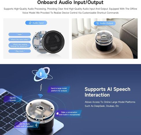 لوحة تطوير السماعات الذكية Waveshare ESP32-S3 AI، ميكروفونات مزدوجة، تقليل الضوضاء، إضاءة RGB، شاشة خارجية ودعم الكاميرا in Kuwait