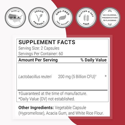 Supersmart - Lactobacillus Reuteri 5 مليار CFU يوميًا (مكمل بروبيوتيك) - صحة الجهاز الهضمي - توازن البكتيريا المعوية - توازن الدهون الطبيعي | غير معدل وراثيًا وخالي من الغلوتين - 60 كبسولة دكتورة in Kuwait