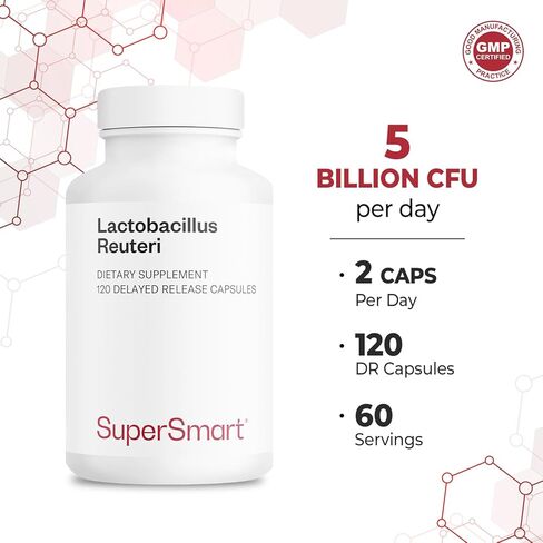 Supersmart - Lactobacillus Reuteri 5 مليار CFU يوميًا (مكمل بروبيوتيك) - صحة الجهاز الهضمي - توازن البكتيريا المعوية - توازن الدهون الطبيعي | غير معدل وراثيًا وخالي من الغلوتين - 60 كبسولة دكتورة in Kuwait
