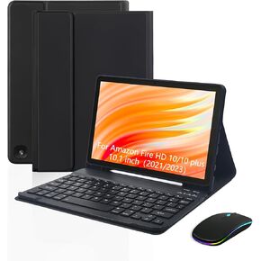 حافظة لوحة مفاتيح وماوس لجهاز Amazon Fire HD 10/10 Plus 2021/2023 مقاس 10.1 بوصة (الجيل 11/13)، لوحة مفاتيح قابلة لإعادة الشحن وقابلة للفصل مع غطاء منفذ شحن من النوع C للكمبيوتر اللوحي + الماوس (أسود) in Kuwait