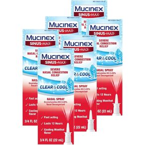 Mucinex Nasal Decongestant Spray, Sinus-Max Severe Nasal Congestion Relief Clear & Cool Nasal Spray, Lasts 12 Hours, Fast Acting, Cooling Menthol Flavor, Packaging May Vary, 0.75 Fl Oz (Pack of 6) in Kuwait